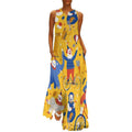 Women's long sleeveless maxi evening dress, V-neck, loose fit, solid color, with pockets, circus clown print