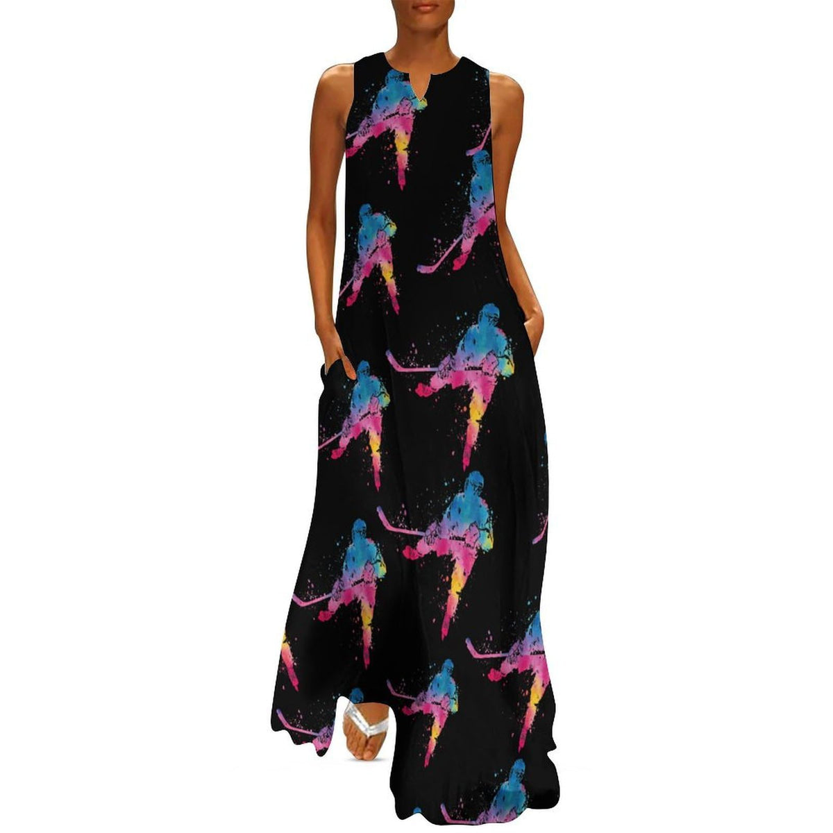 Women's maxi maxi sleeveless dress, watercolor style, with V-neck, loose fit and pockets.