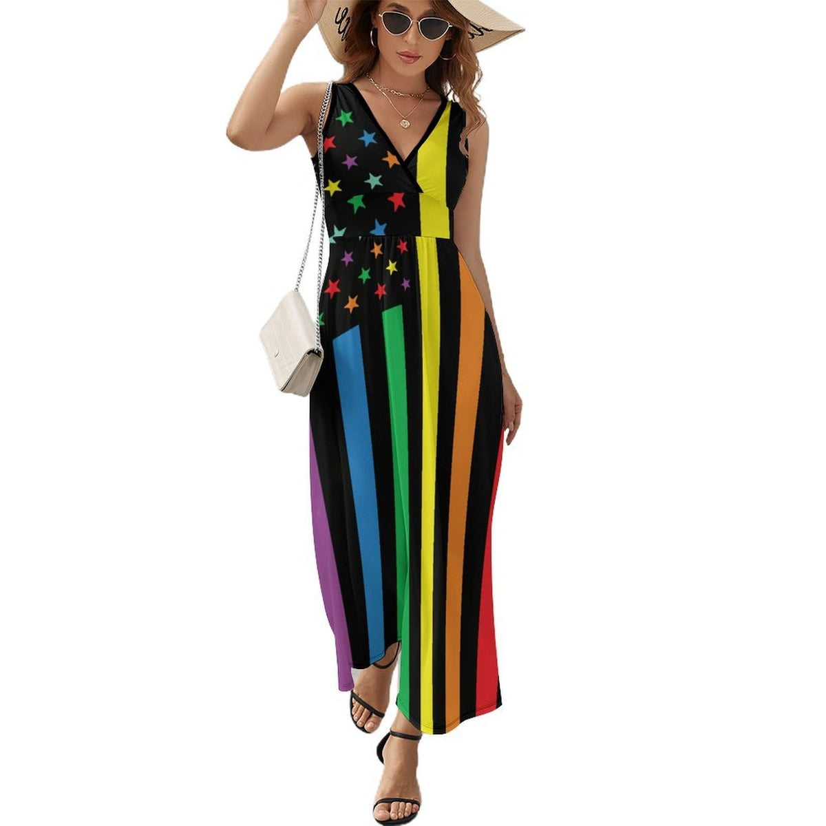 Women's sleeveless V-neck summer maxi dress, adorned with the American flag and proudly displaying the LGBT rainbow.