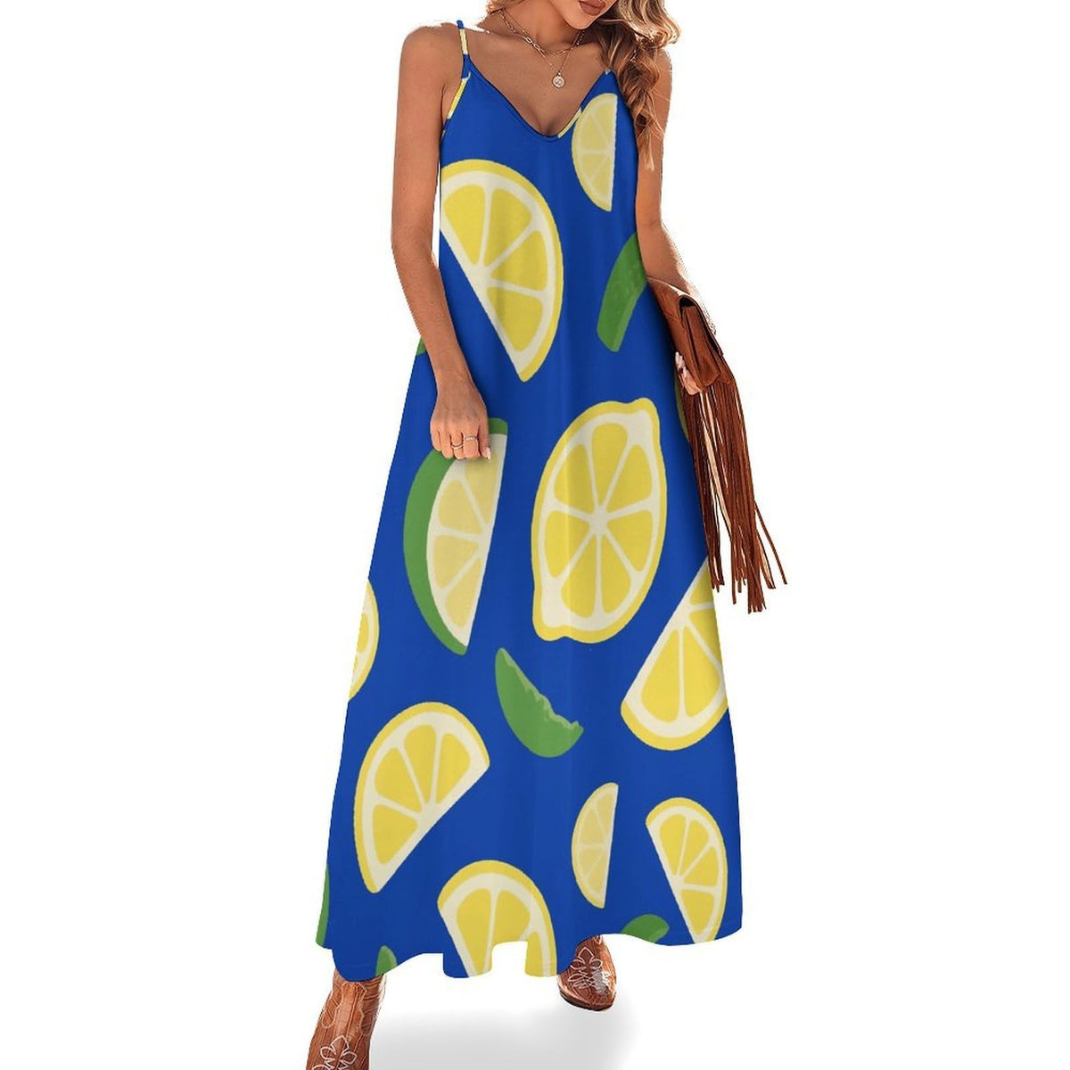 Women's long maxi dress in lemon yellow indigo, casual, flowing, ideal for summer, ceremonies and wedding invitations.