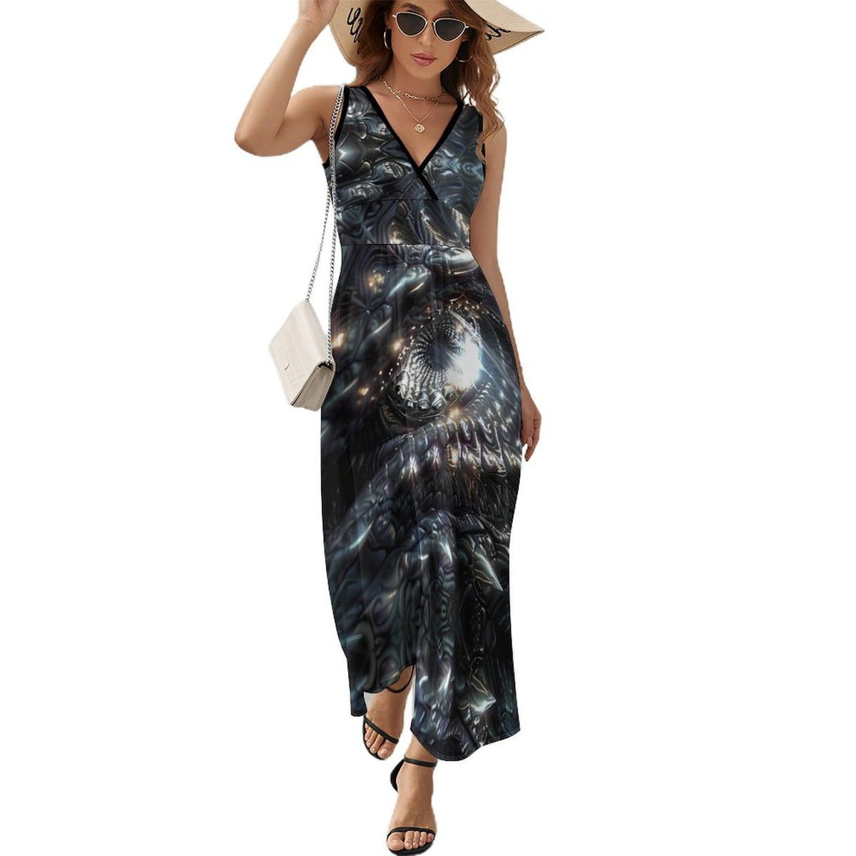 Women's sleeveless maxi dress with monochrome dragon eye print, V-neck, tank style